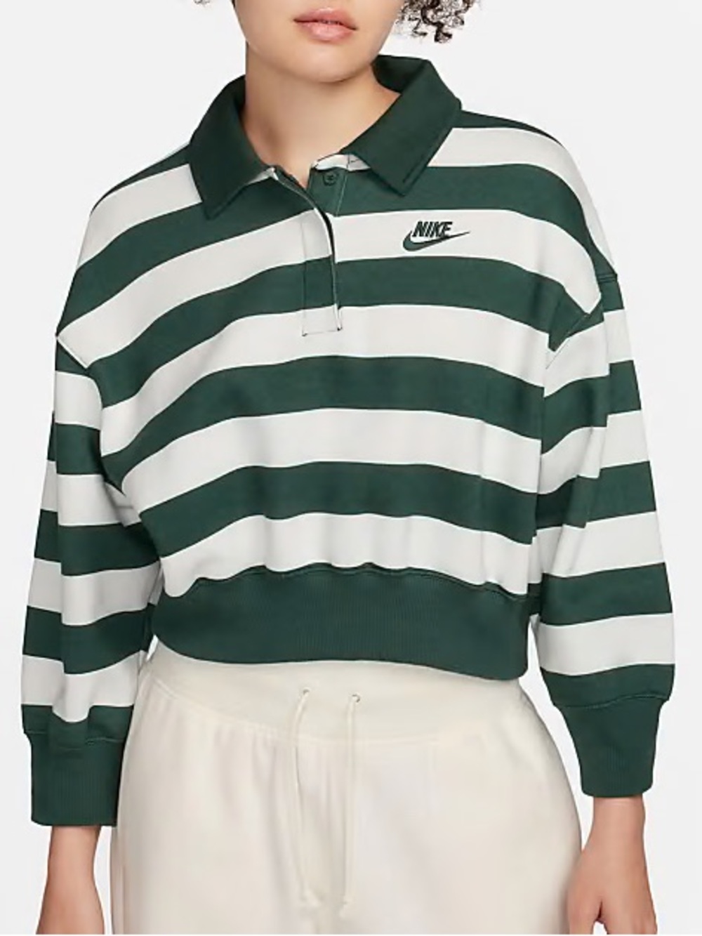 NIKE Phoenix Cropped Striped Polo Top in Green Size Medium